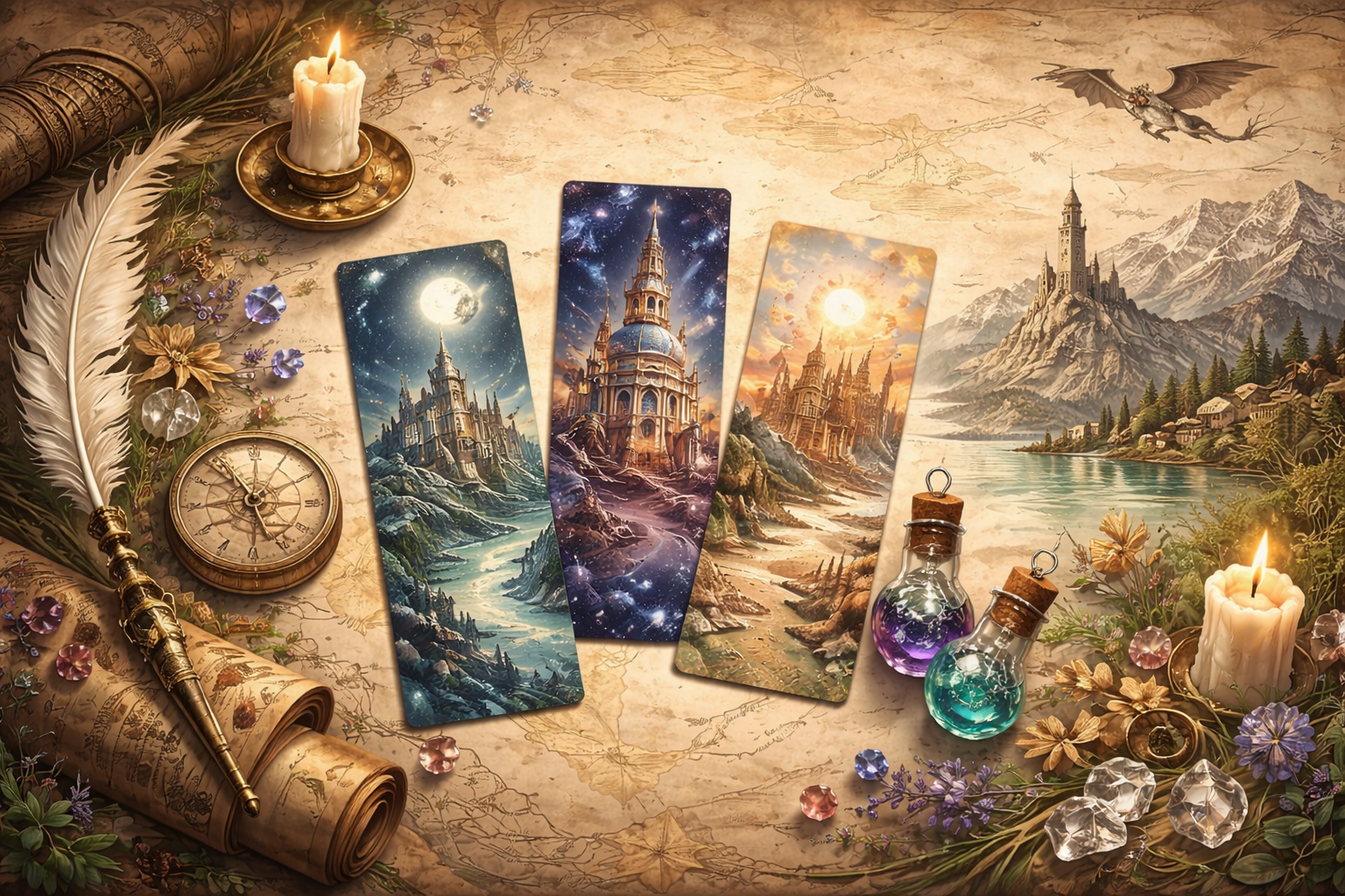 Fantasy bookmarks displayed on a parchment map with candles, crystals, and potion bottles